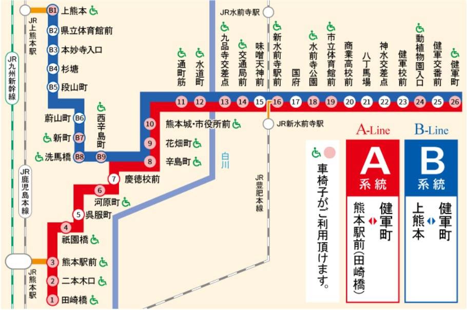 熊本 市電1日乘車券路線圖